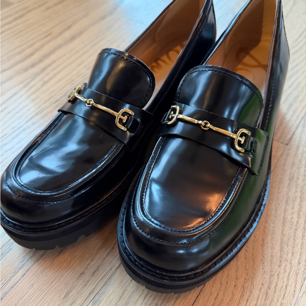 Sam Edelman Black Shiny Loafers with Gold Accent